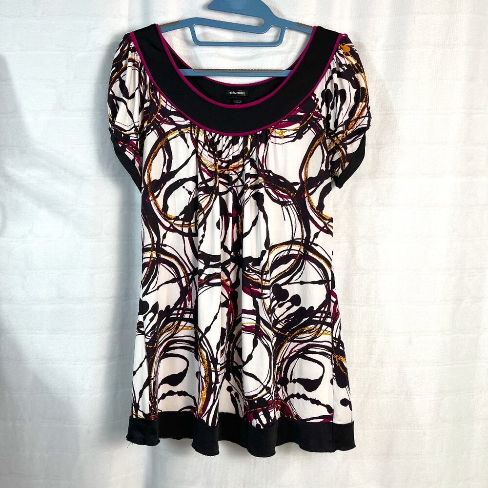 Maurices Women's Short Sleeve Abstract Fun Black Pink Blouse Shirt Size Large